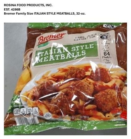 Product label for Rosina Food Products, Inc. Recalls Ready-To-Eat Frozen Meatball Products Due To Possible Foreign Matter Contamination