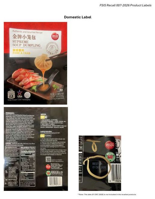 Product label for Synear Foods USA, LLC Recalls Frozen Pork and Crab Soup Dumpling Products Due to Misbranding and Undeclared Allergens