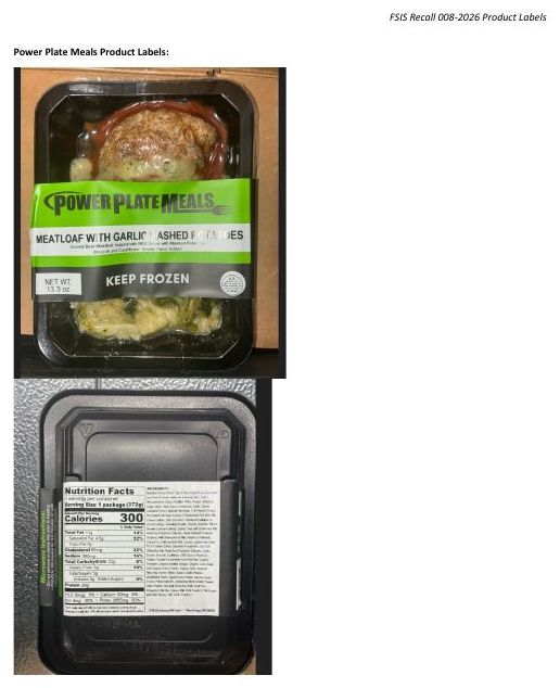 Product label for Power Plate Meals, LLC Recalls Frozen Meatloaf Products Due to Misbranding and Undeclared Allergens