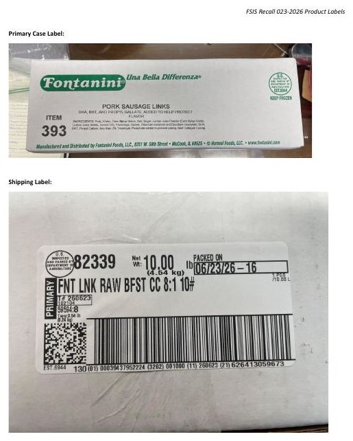 Product label for Fontanini Foods LLC Recalls Raw, Frozen Pork Sausage Products Due to Possible Foreign Matter Contamination