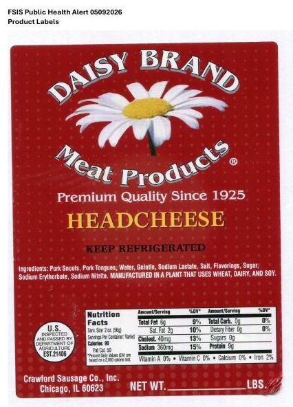 Product label for FSIS Issues Public Health Alert for Headcheese Deli Meat Products That May Be Contaminated With Listeria